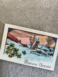 Carte postale Bonne Année paysage hiver fer à cheval trèfle CPA