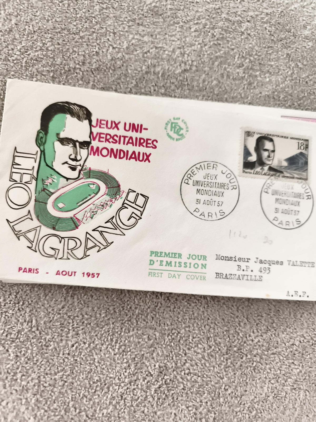 Lettre 1er jour Jeux Universitaires Mondiaux 1957 Léo Lagrange Paris FDC ancien