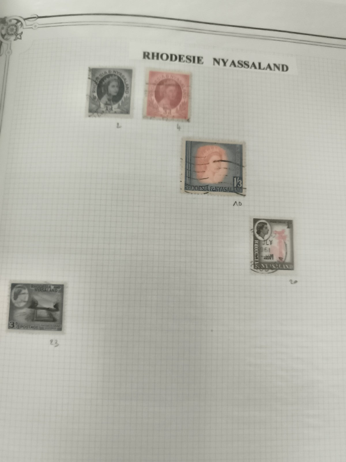 Timbres Rhodesia Nyasaland oblitérés lot x5 philatélie Afrique ancienne