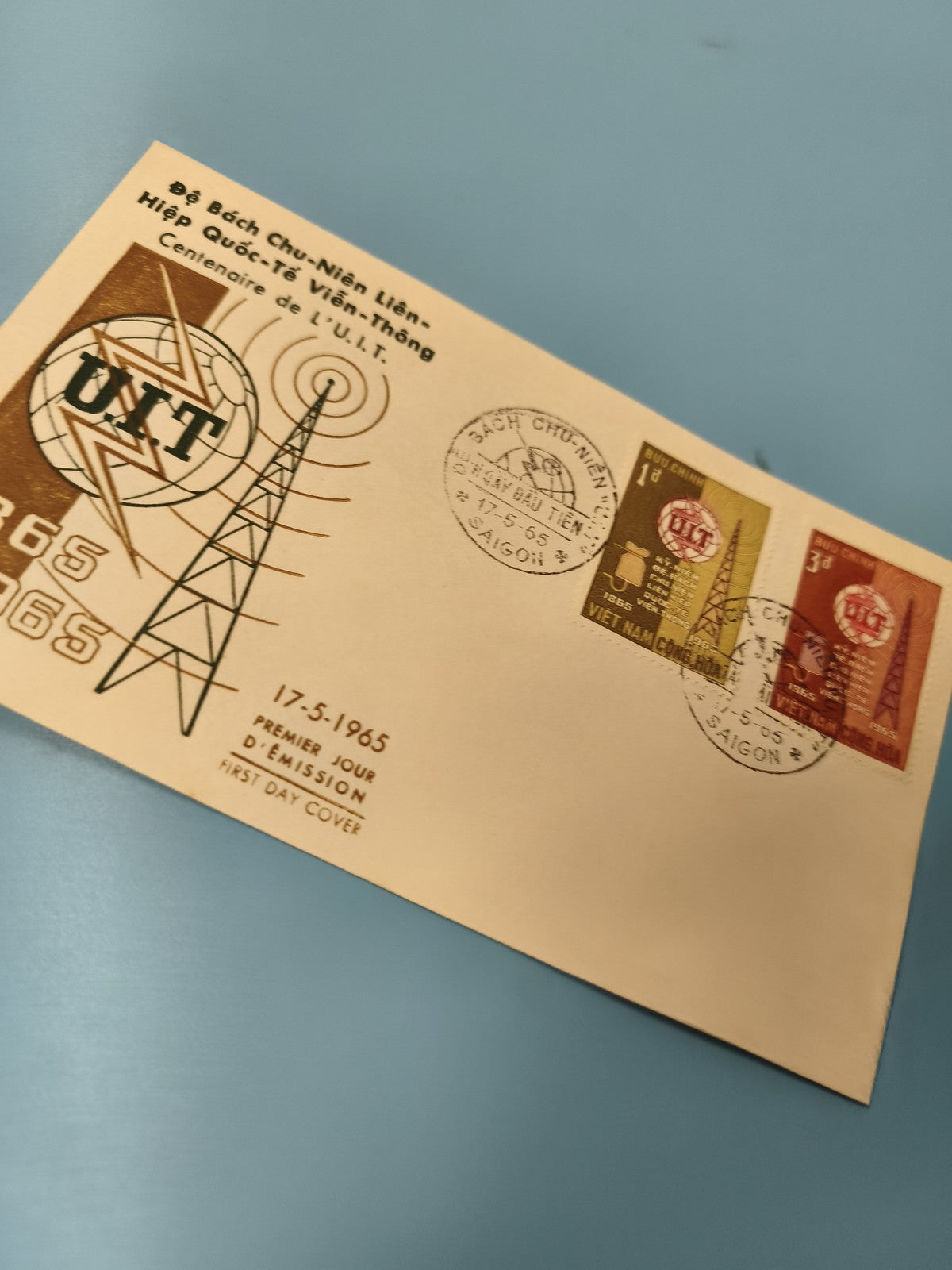 Ancienne enveloppe FDC Vietnam 1965 Centenaire UIT timbres oblitérés Saigon