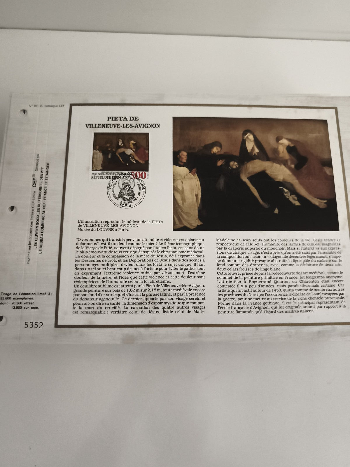 Feuillet philatélique CEF Pietà Villeneuve-lès-Avignon oblitéré, tirage limité