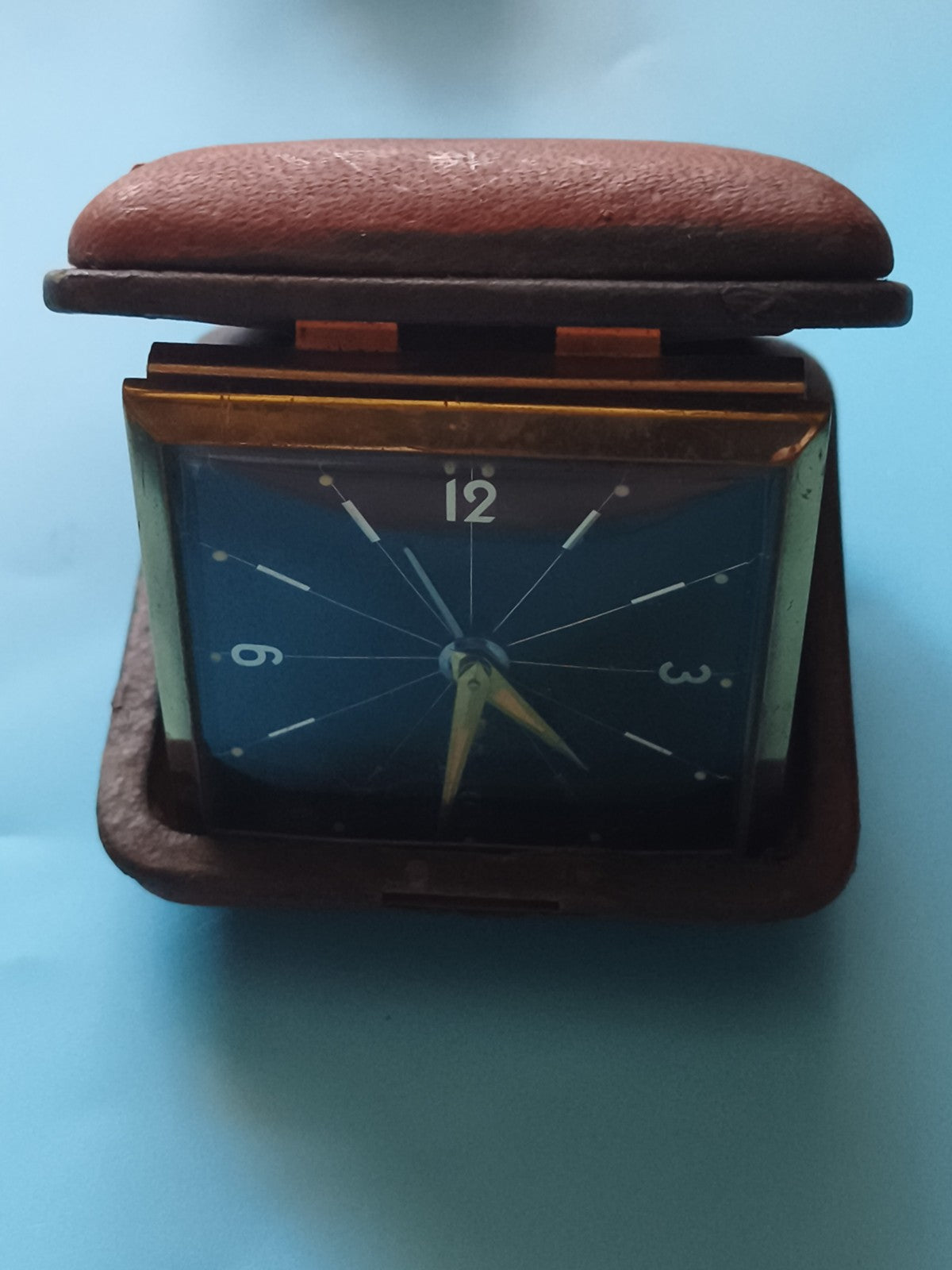 Réveil de voyage ancien étui marron cadran bleu vintage rétro alarme