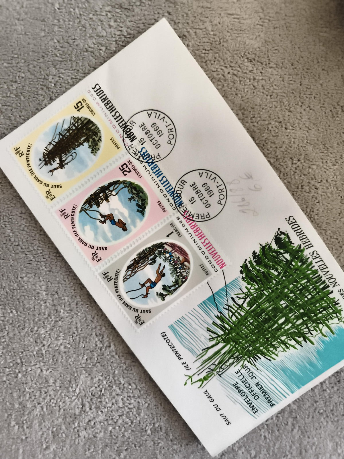 Lettre 1er jour Nouvelle-Hébrides 1969 Saut du Gaul timbres RF Pentecôte