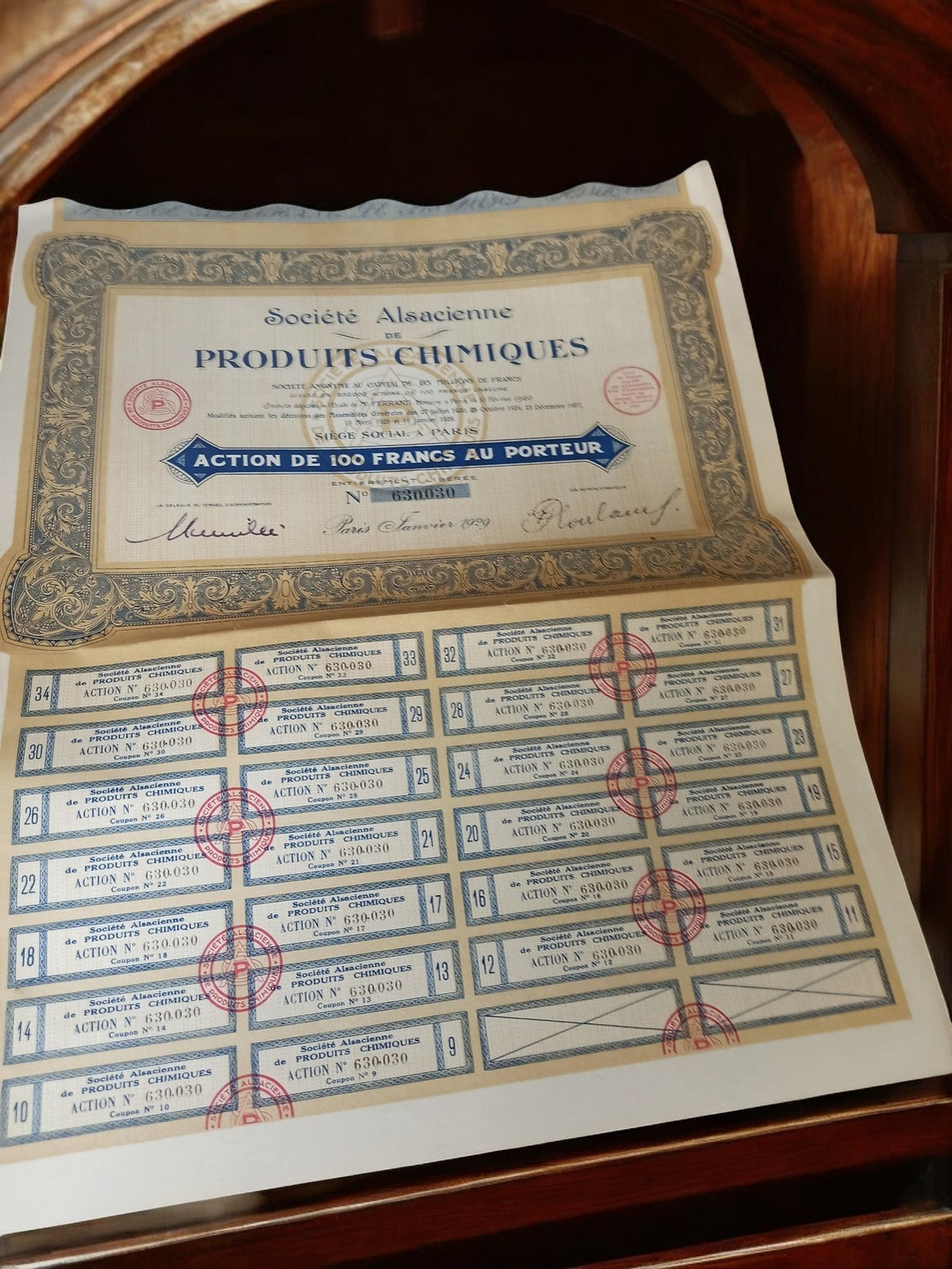Action Société Alsacienne Produits Chimiques 1929 ancien titre au porteur vintag