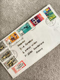 Lettre affranchie Allemagne 1970s, 8 timbres sport, bus, art, cachets Stuttgart