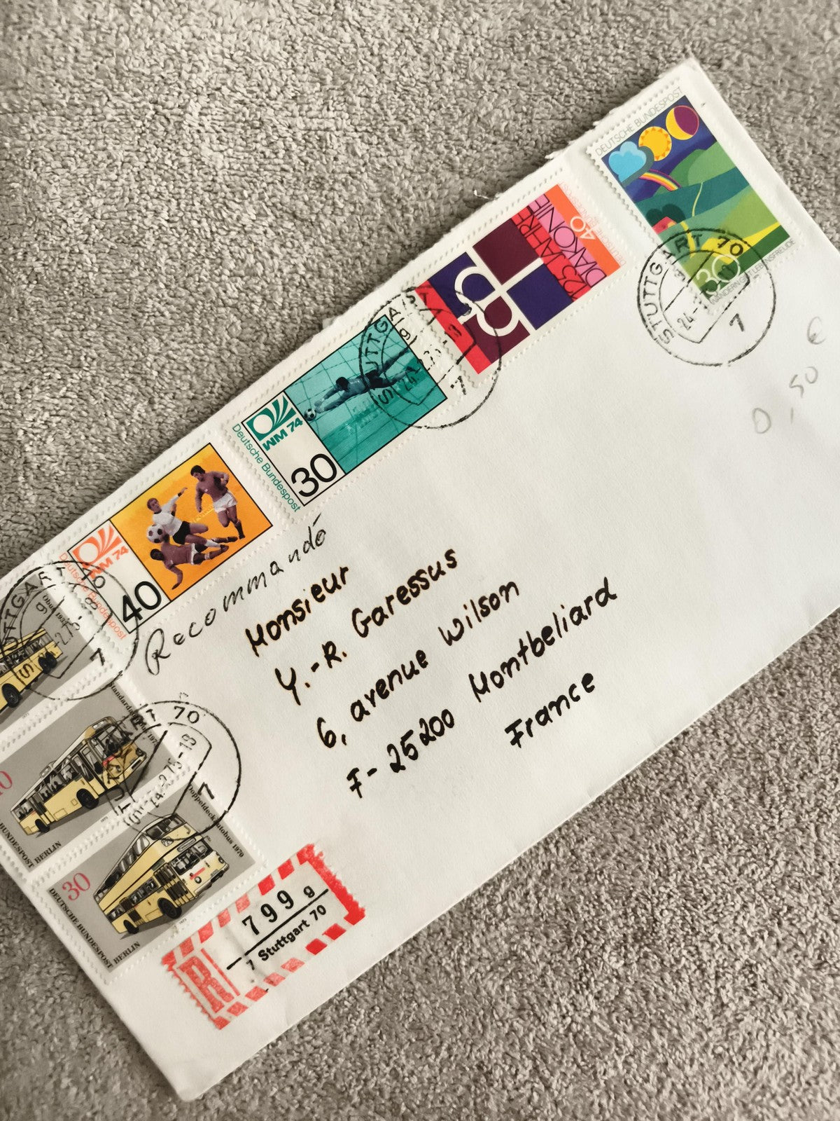 Lettre affranchie Allemagne 1970s, 8 timbres sport, bus, art, cachets Stuttgart