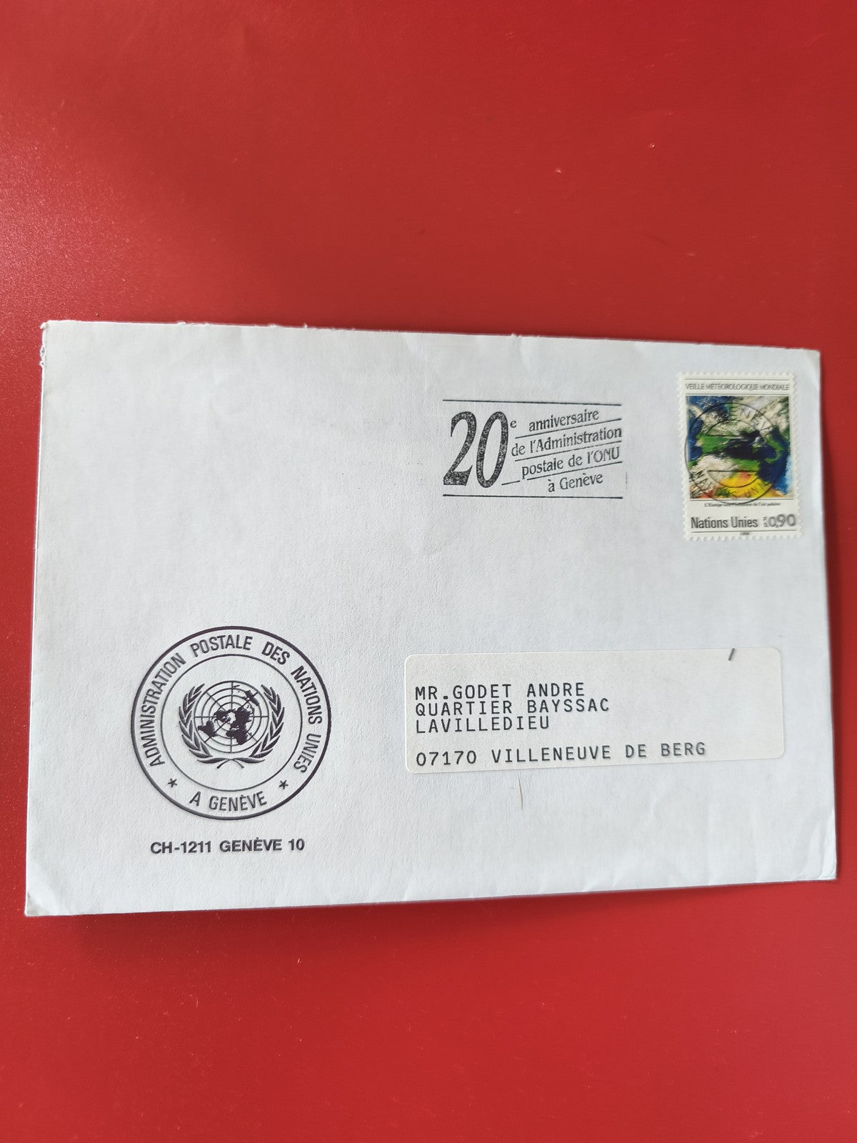 Enveloppe philatélie ONU Genève 20e anniversaire avec timbre Nations Unies 1990