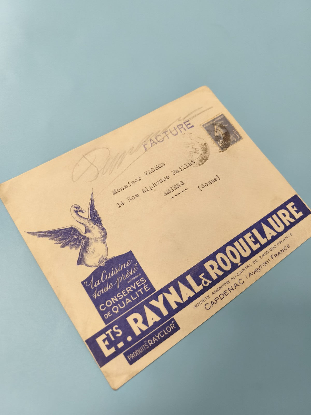 Ancienne enveloppe publicitaire timbrée Raynal Roquelaure philatélie collection