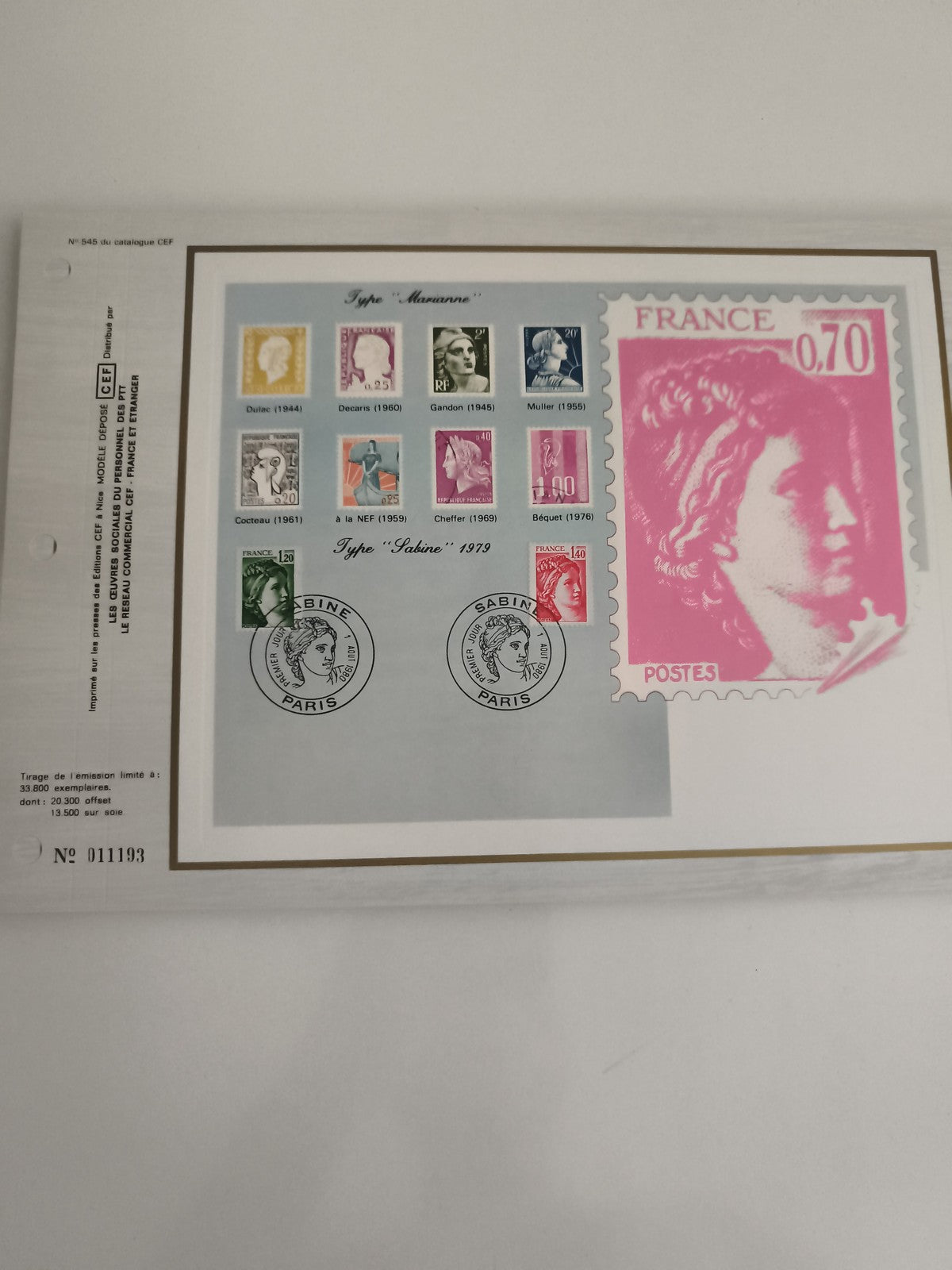 Feuillet CEF Marianne Sabine 1979 timbres France philatélie oblitéré Paris