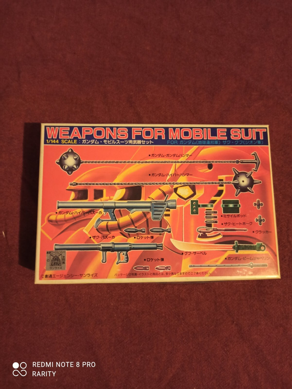 Kit armes Bandai Gundam 1/144 vintage, accessoires Mobile Suit, boîte illustrée