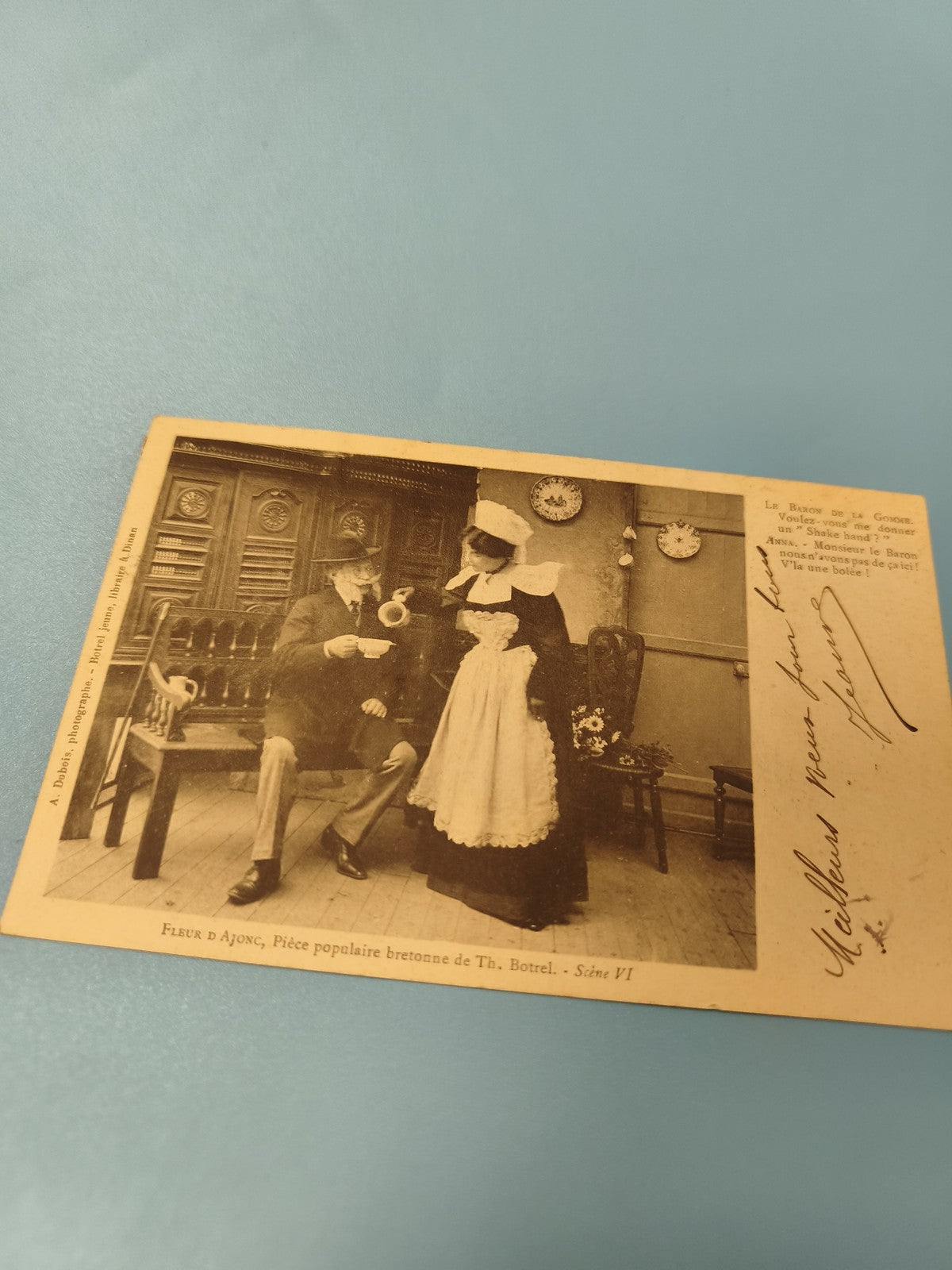 Carte postale ancienne Fleur d'Ajonc scène bretonne Th. Botrel costume rétro