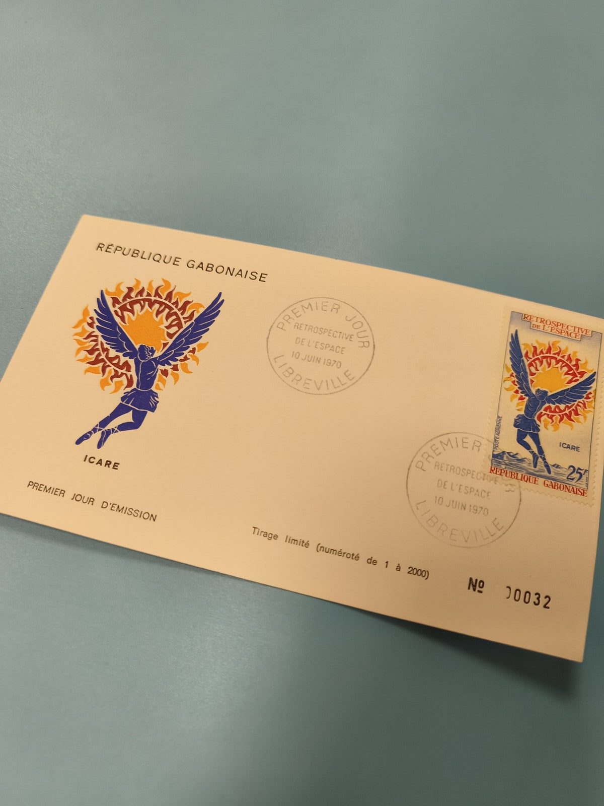 Enveloppe FDC Gabon Icare 1970 Timbre 1er jour numérotée 32 sur 2000