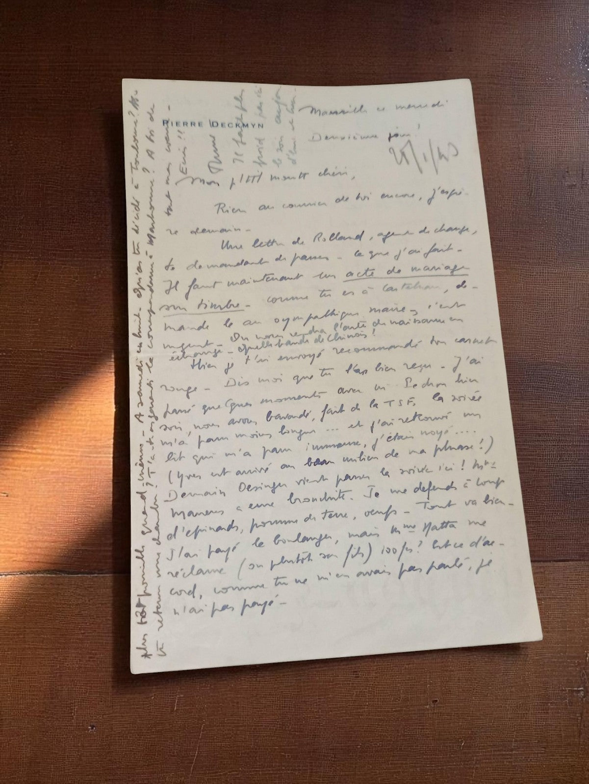 Lettre manuscrite 1940 guerre Marseille témoignage émouvant époque 39-45