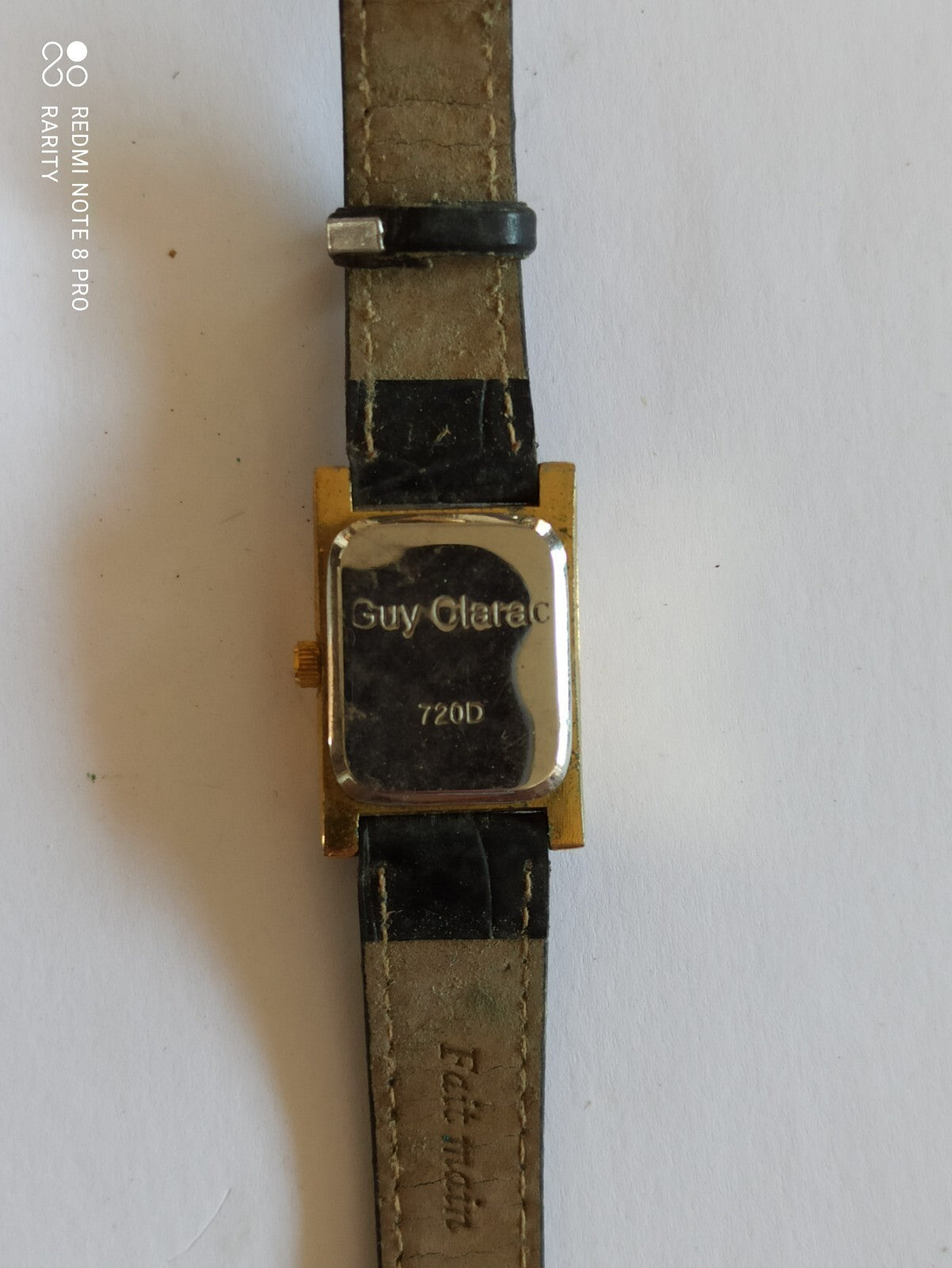 Montre vintage Guy Clarac cadran nacre, rectangulaire, bracelet noir, rétro