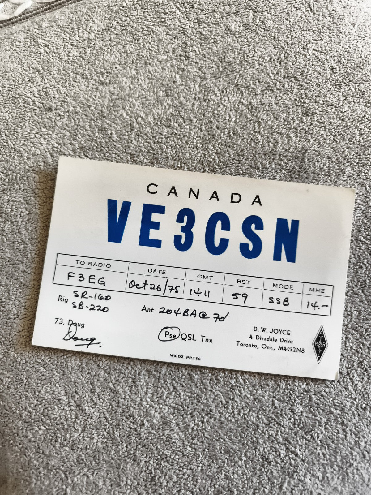 Carte QSL radio VE3CSN Canada 1975 ancienne QSL amateur vintage ondes courtes