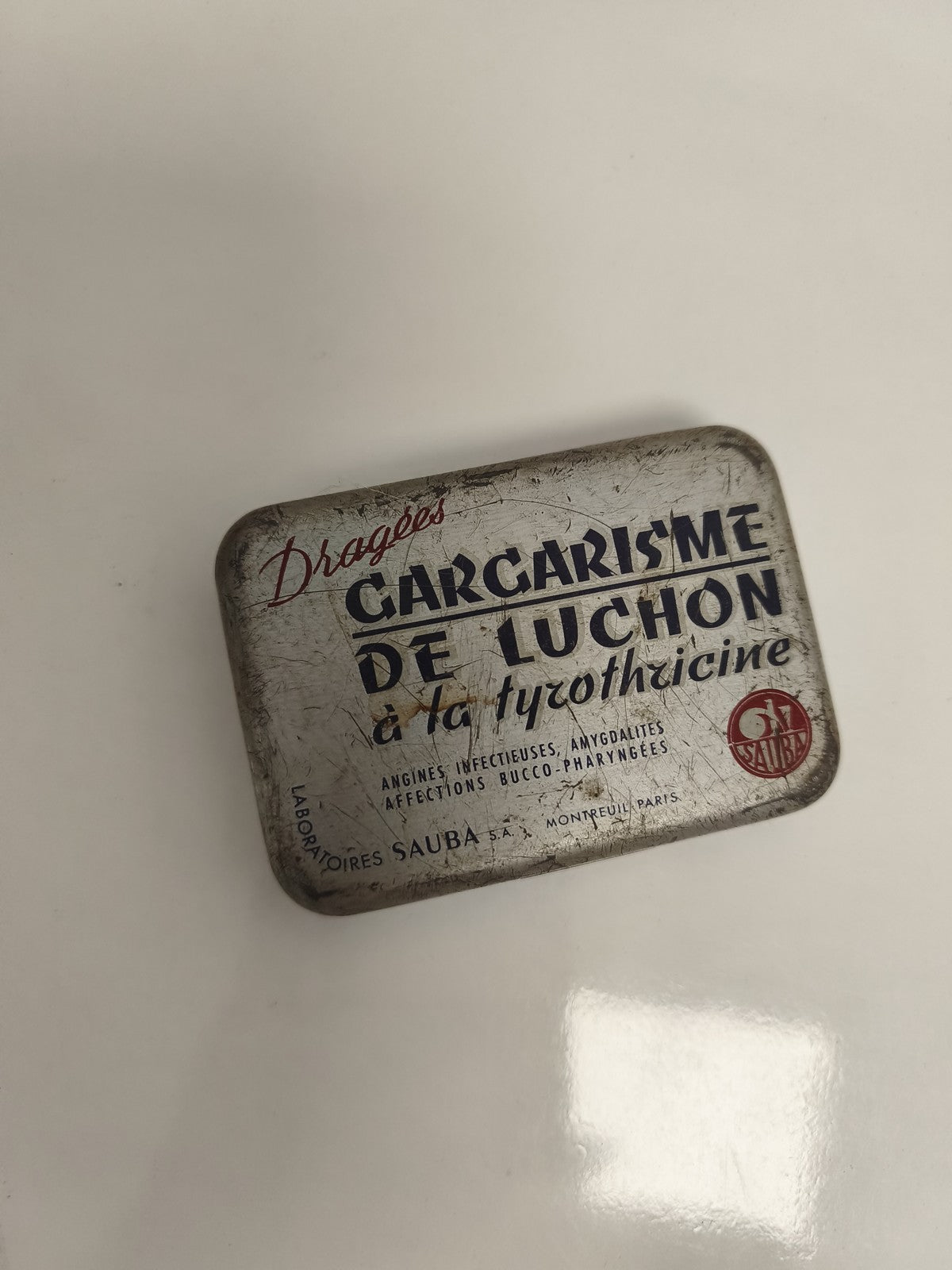 Boîte publicitaire ancienne Gargarisme de Luchon Sauba métal déco vintage pharma