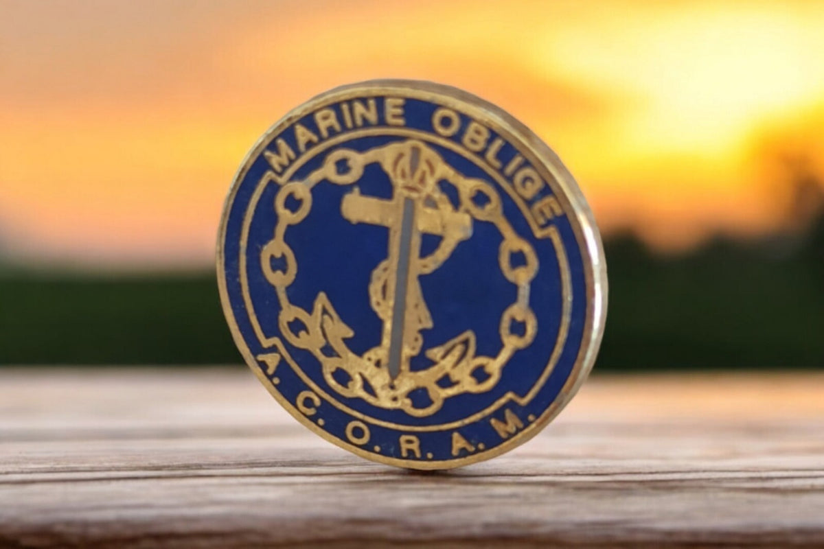 French Navy ACORAM enameled blue and gold vintage pin - "navy oblige"