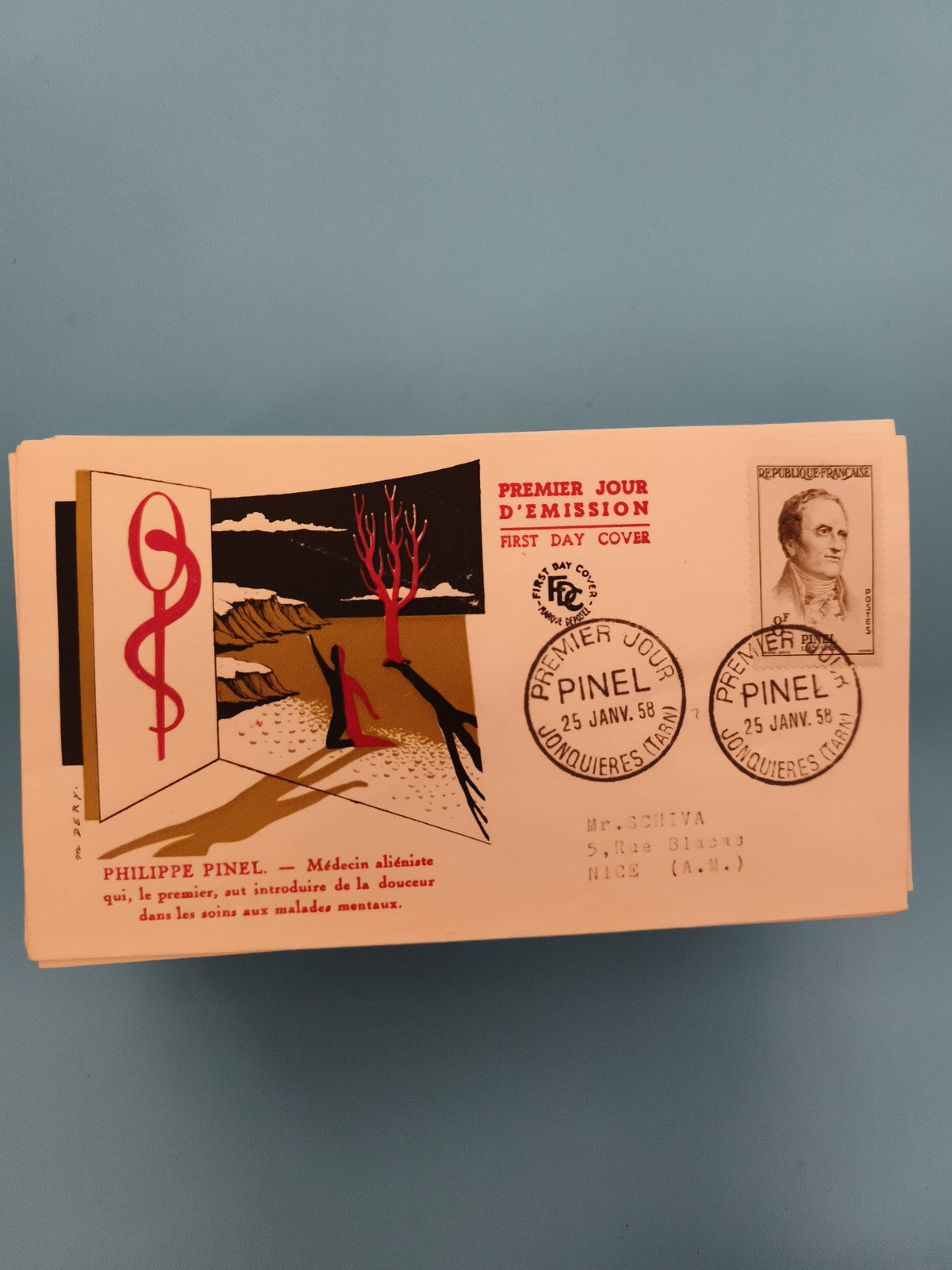 Lettre Premier Jour Philippe Pinel 1958 – FDC timbre France médecine philatélie