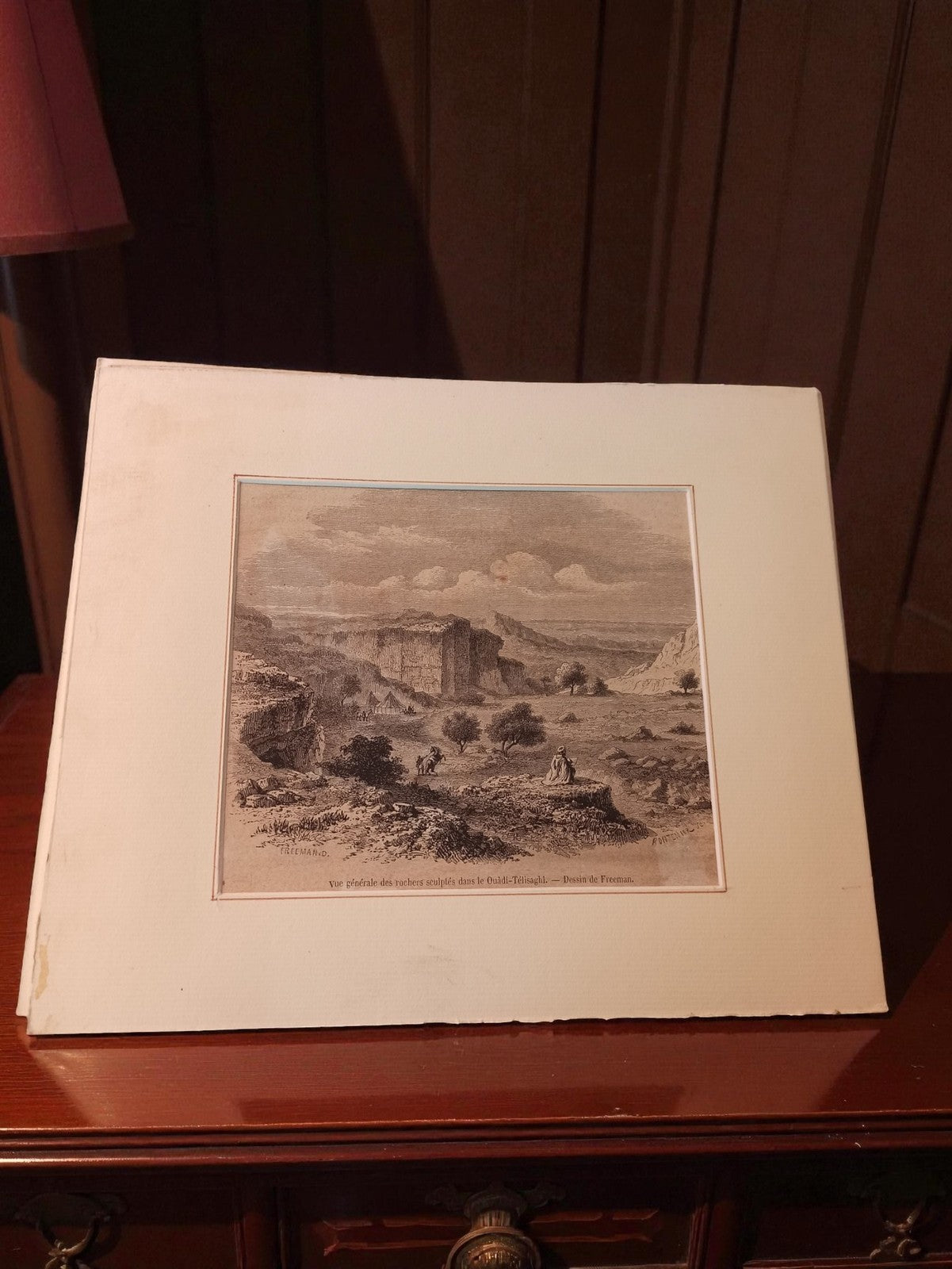 Gravure ancienne paysage rochers Oued-Telâgli Fremaud encadrée vintage