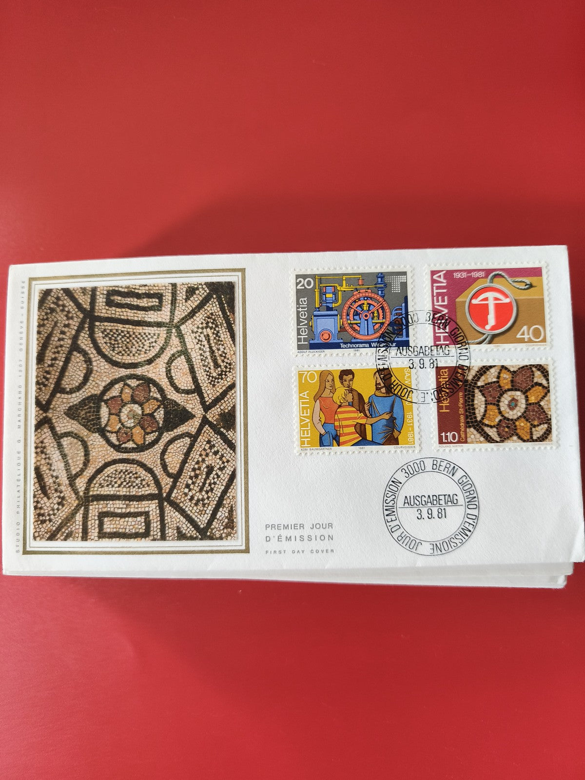 Enveloppe philatélie Premier Jour Suisse, 4 timbres, illustration mosaïque