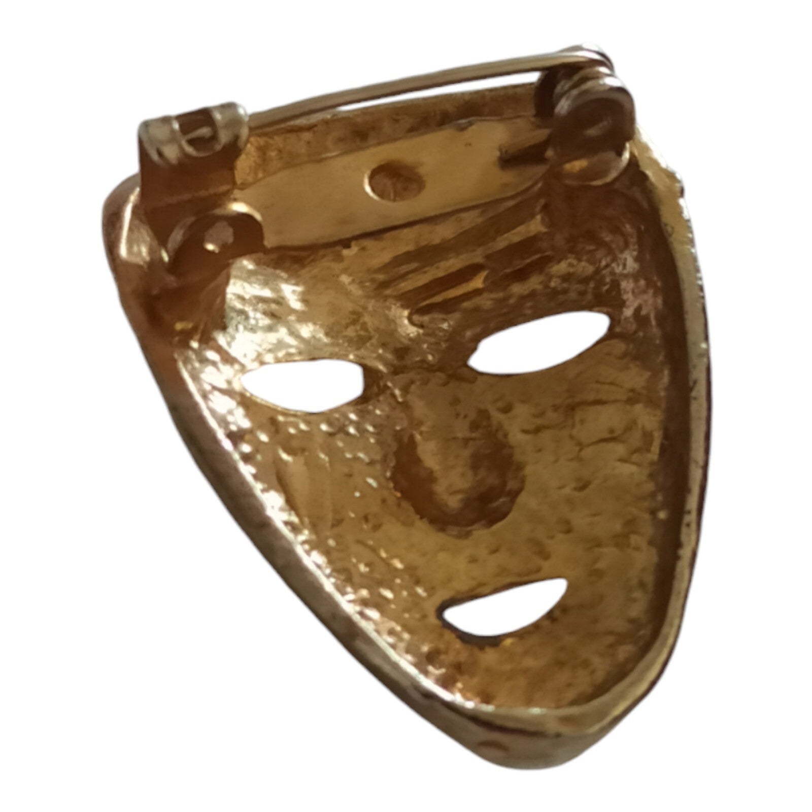 Broche masque vintage dorée avec strass, bijou ancien costume bal