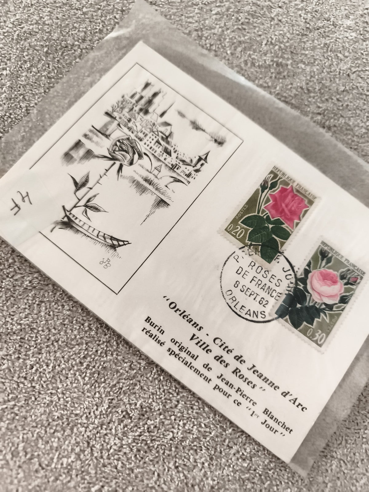 Lettre 1er jour Orléans 1962 burin JP Blanchet timbres roses France ancien phila