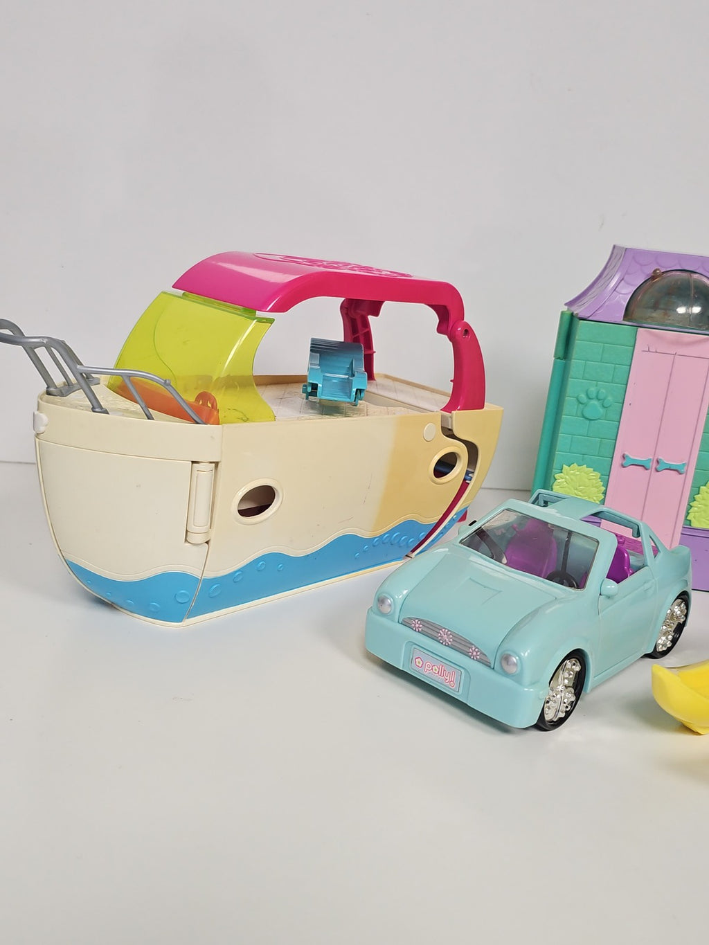 Lot Polly Pocket vintage Ultimate Party Boat, Cruiser Car, Animalerie, Banana Bo