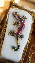 Broche lézard strass rose vert doré, bijou fantaisie gecko élégant