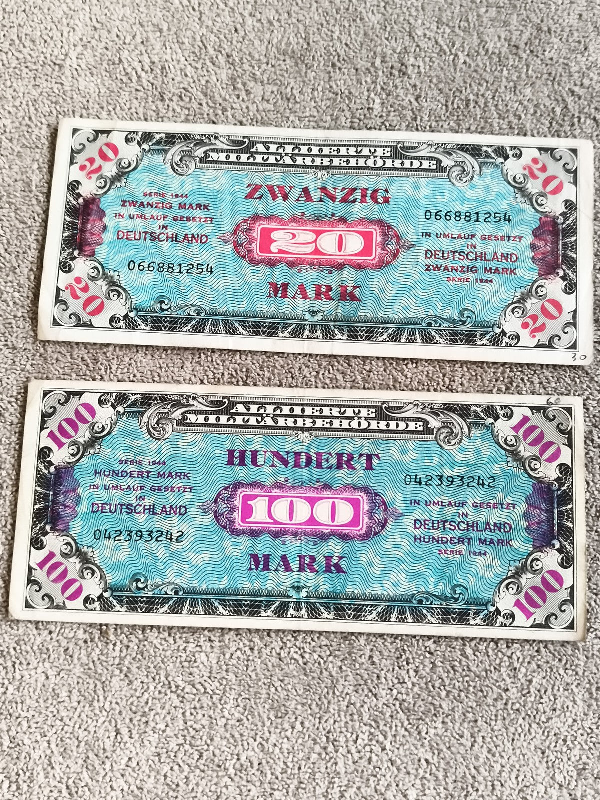 Billets anciens Allemagne 1944 – 20 Mark et 100 Mark occupation alliée vintage