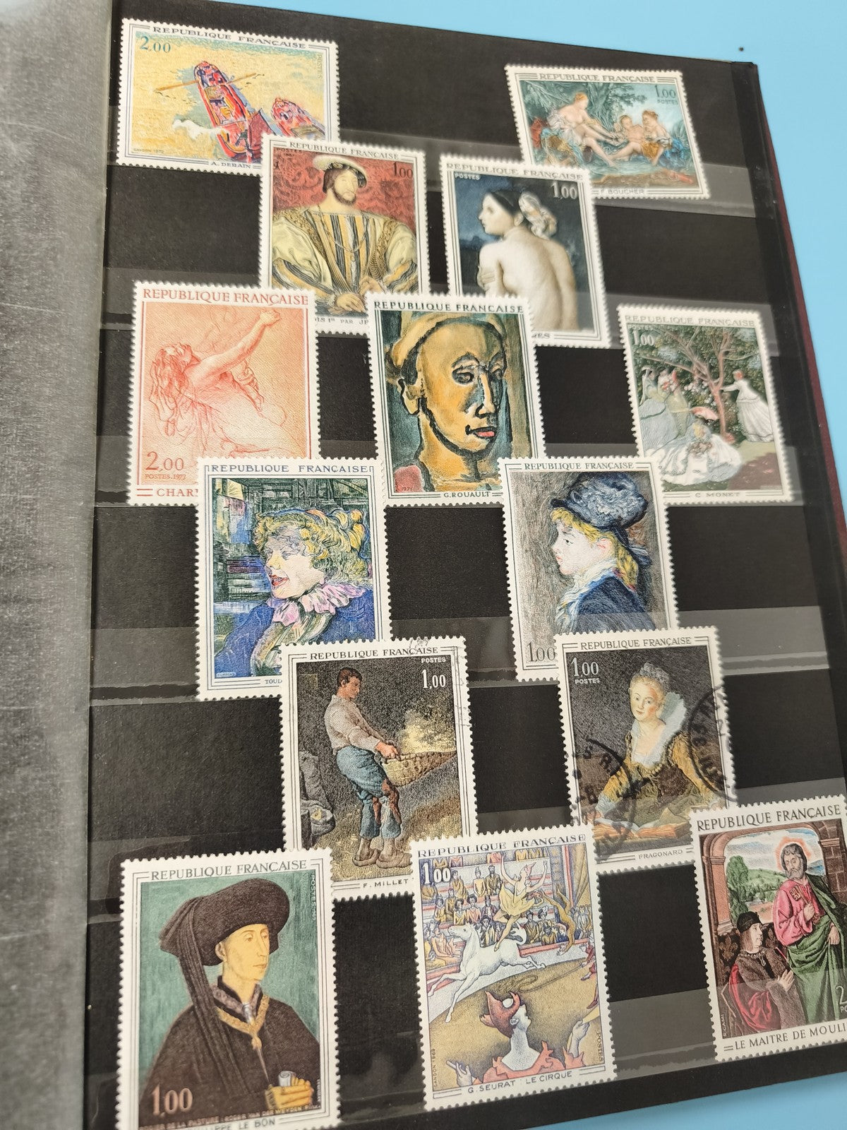 Lot anciens timbres oblitérés France, art et peinture, collection philatélie