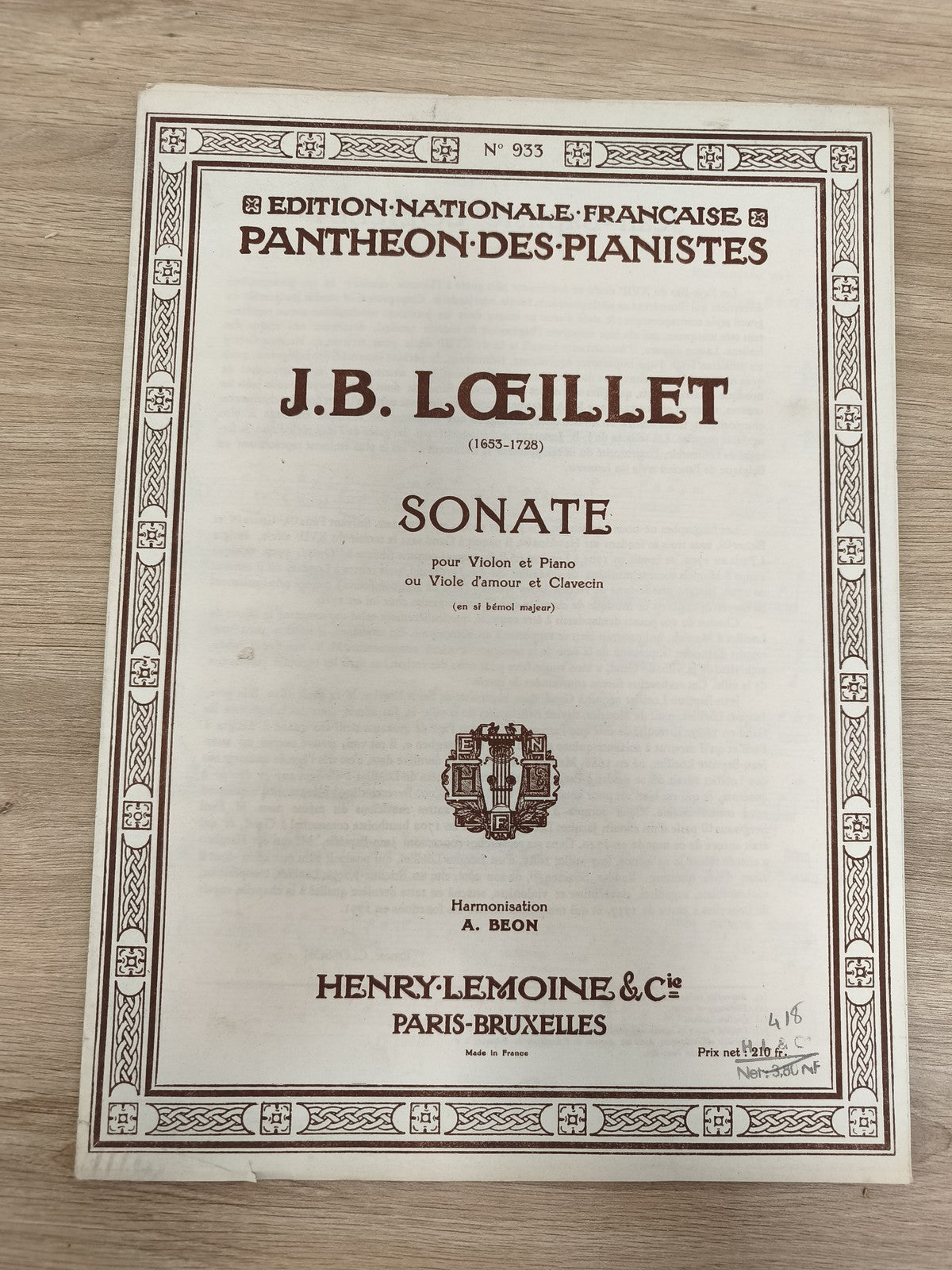 Ancien livre partitions J.B. Loeillet violon piano Henry Lemoine France