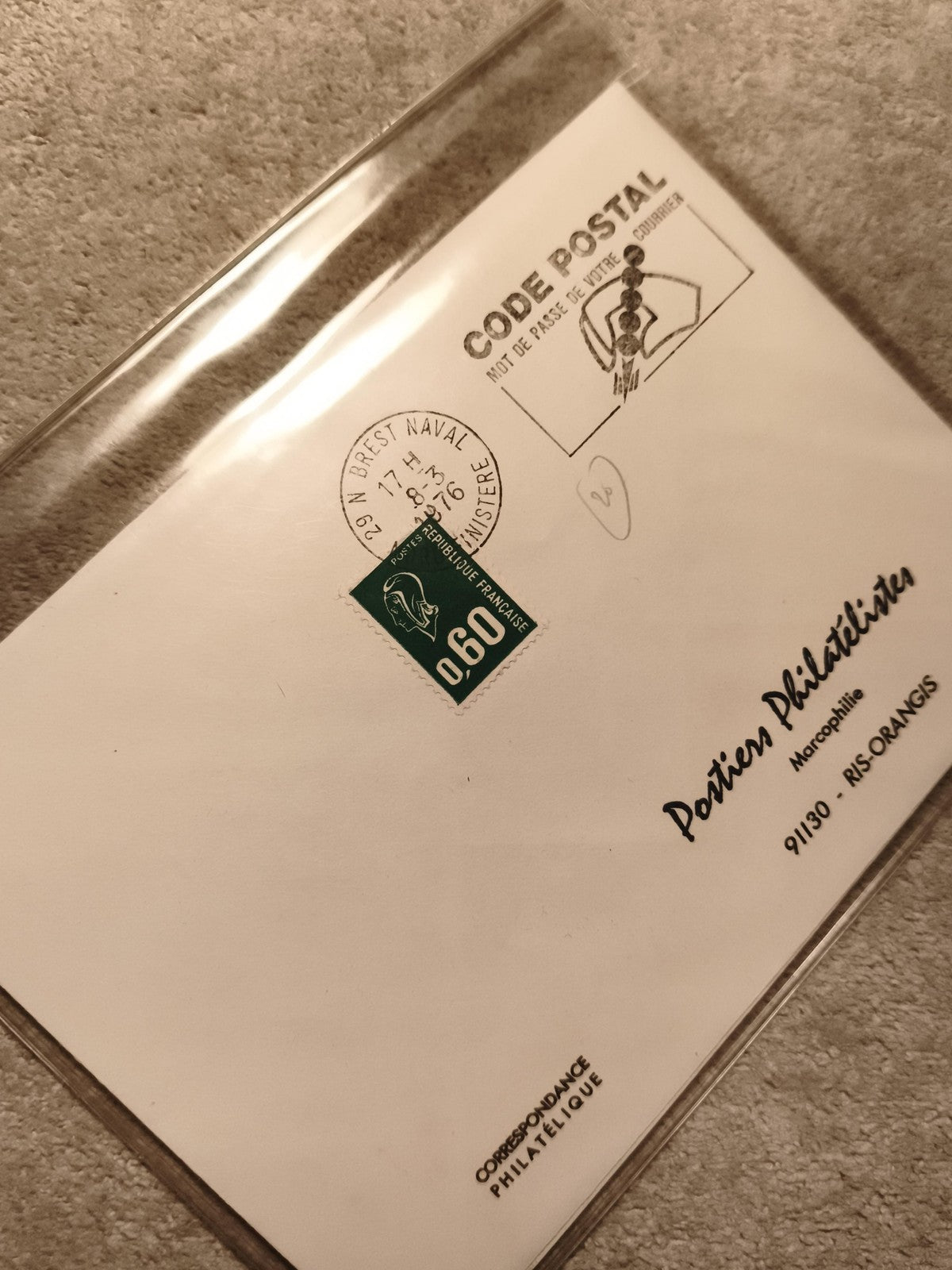 Lettre philatélique oblitérée Brest Naval 1976 0,60 Fr Code Postal Maraphilie