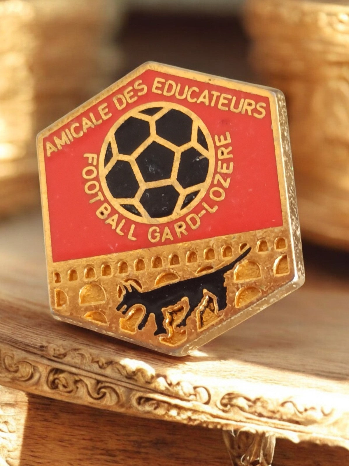 Pin's vintage Amicale des Éducateurs Football Gard-Lozère hexagonal rouge or