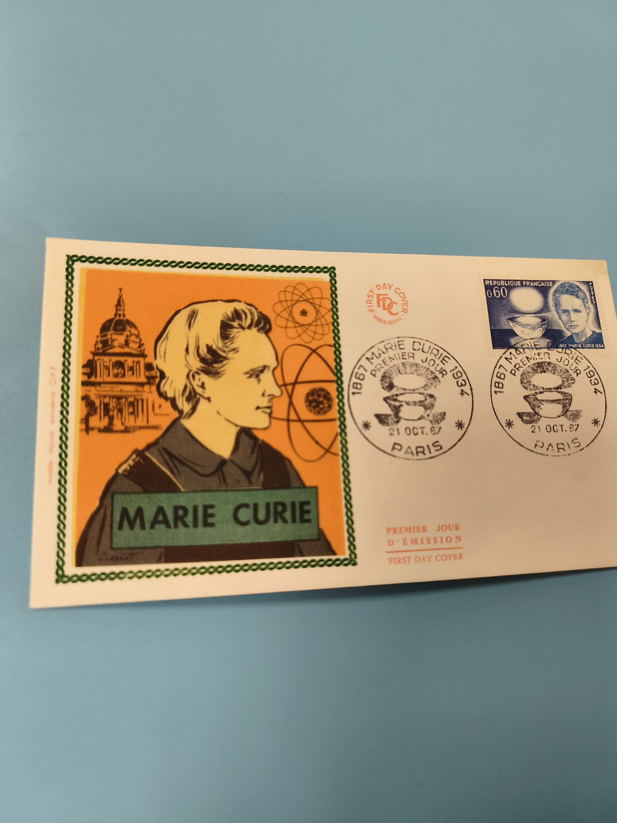 Enveloppe premier jour FDC Marie Curie Paris 1987 illustration orange (Ref 11)