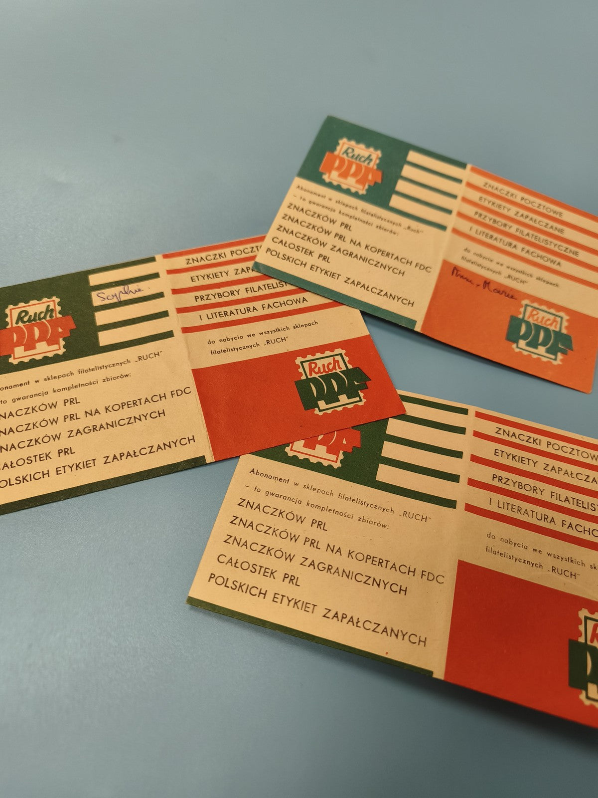 Lot de cartes Ruch PPF polonaises, papiers imprimés bicolores, inscription visib