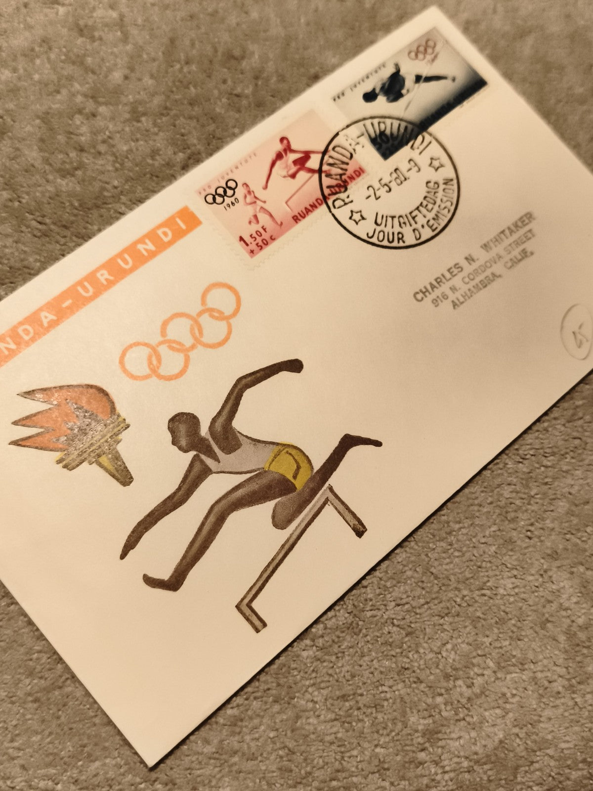 Lettre premier jour Rwanda-Urundi JO 1960 athlétisme, timbres olympiques