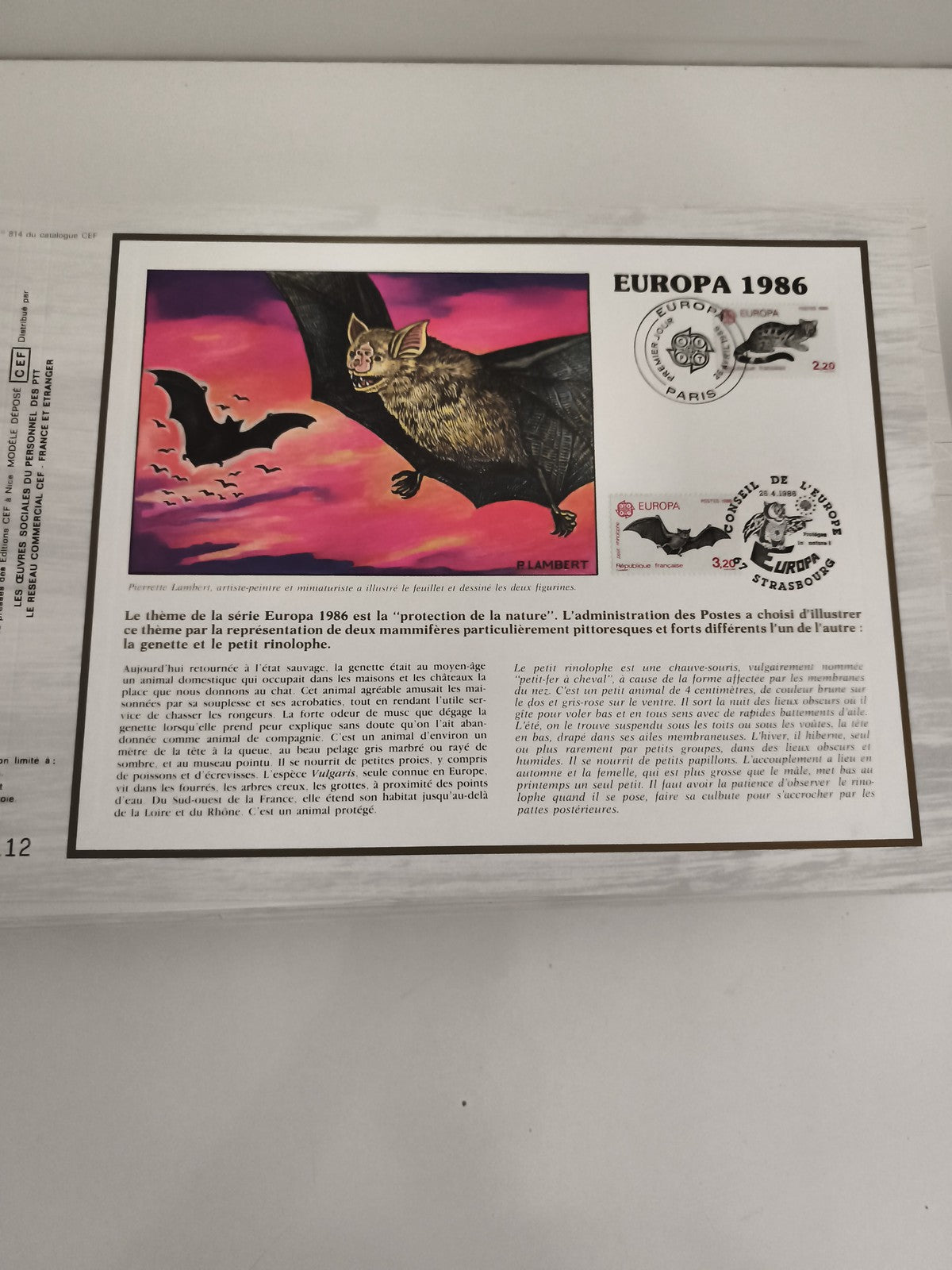 Feuillet CEF Europa 1986 chauve-souris philatélie, enveloppe 1er jour bat, Franc