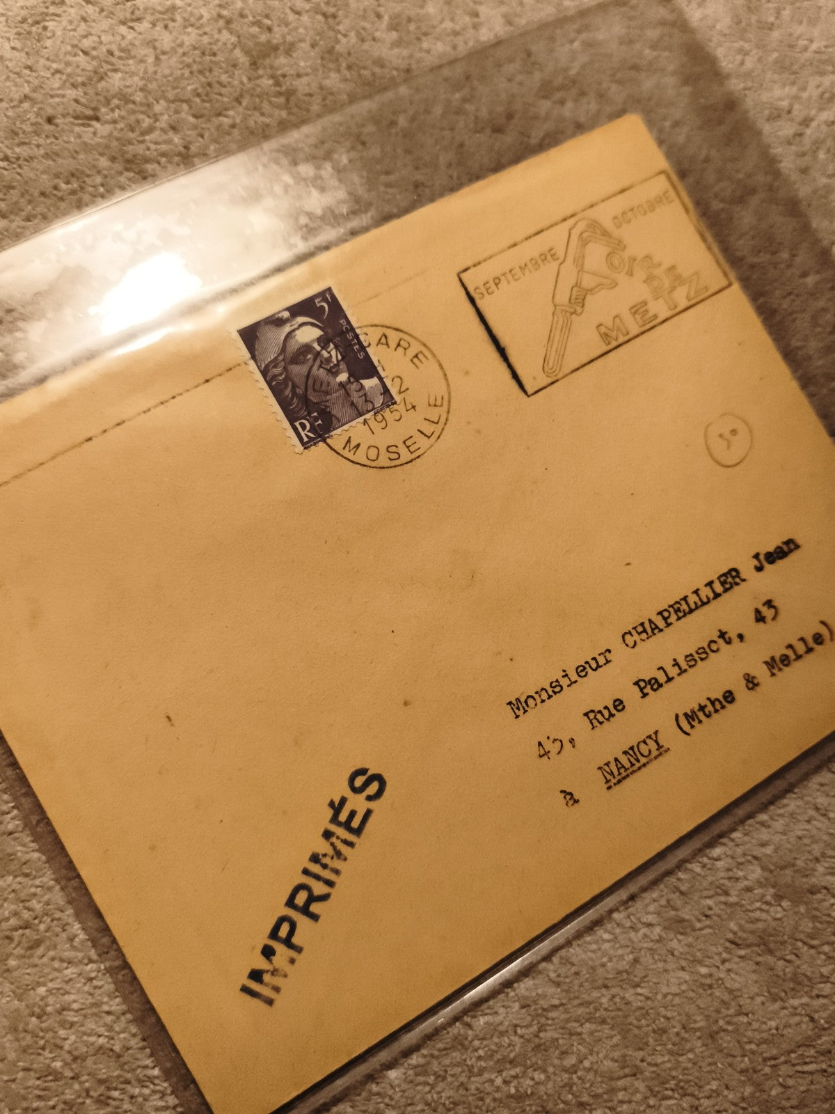 Lettre imprimés 1954 timbre Marianne 5F oblitéré Metz philatélie France