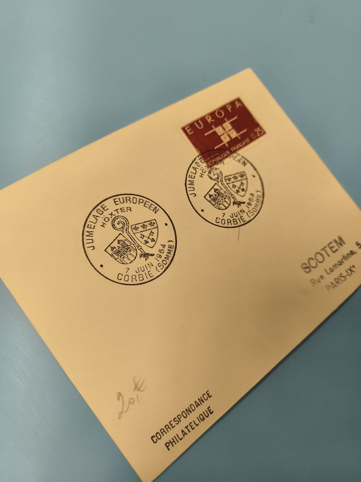 Ancienne enveloppe philatélique oblitérée Europa 1964 Corbie Somme collection