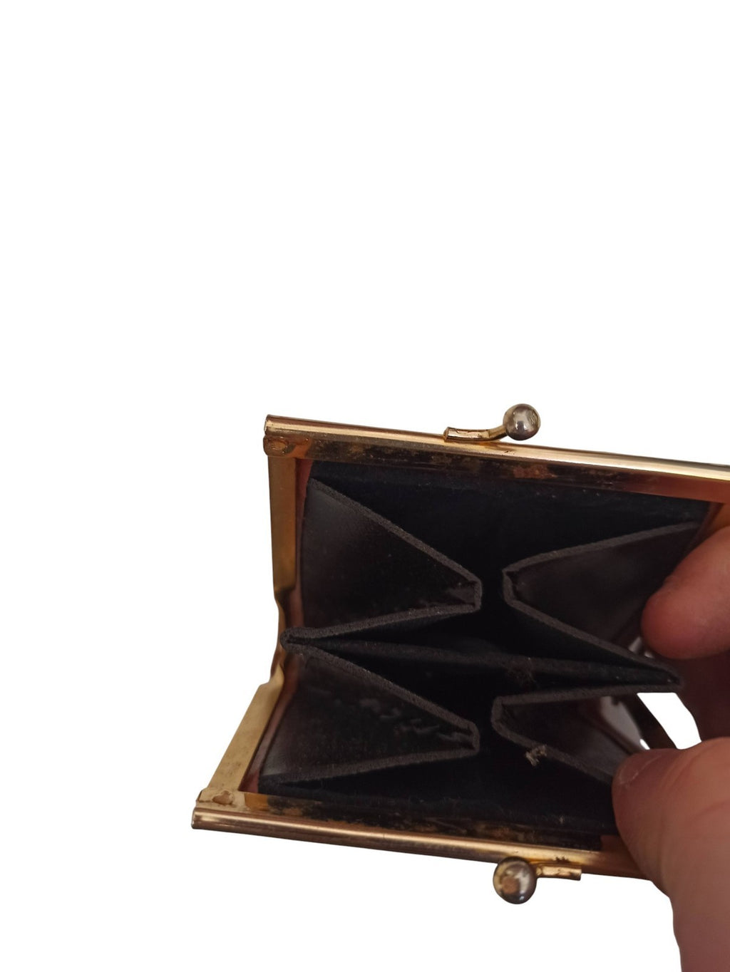 Porte-monnaie vintage en cuir noir et marron ancien, fermoir métal rétro