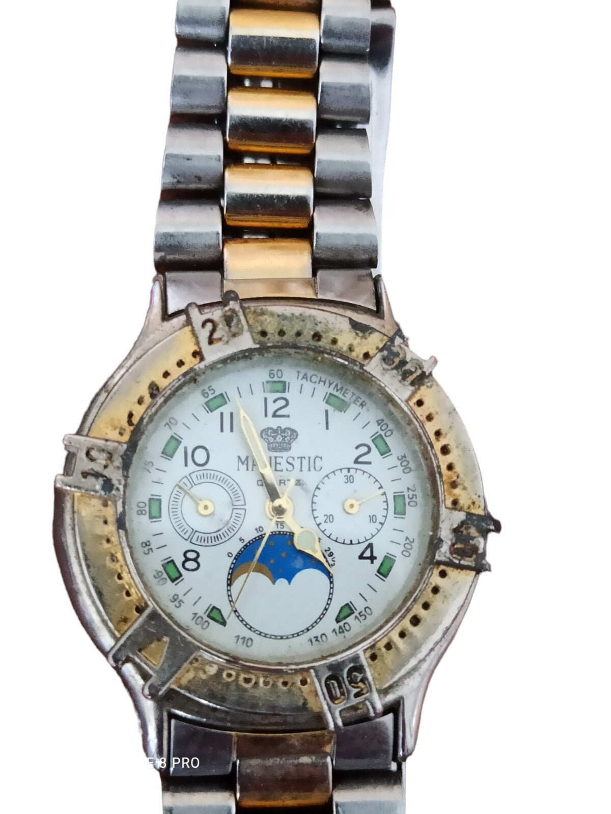 Montre Majestic Quartz vintage bicolore, cadran multi-compteurs, style classique
