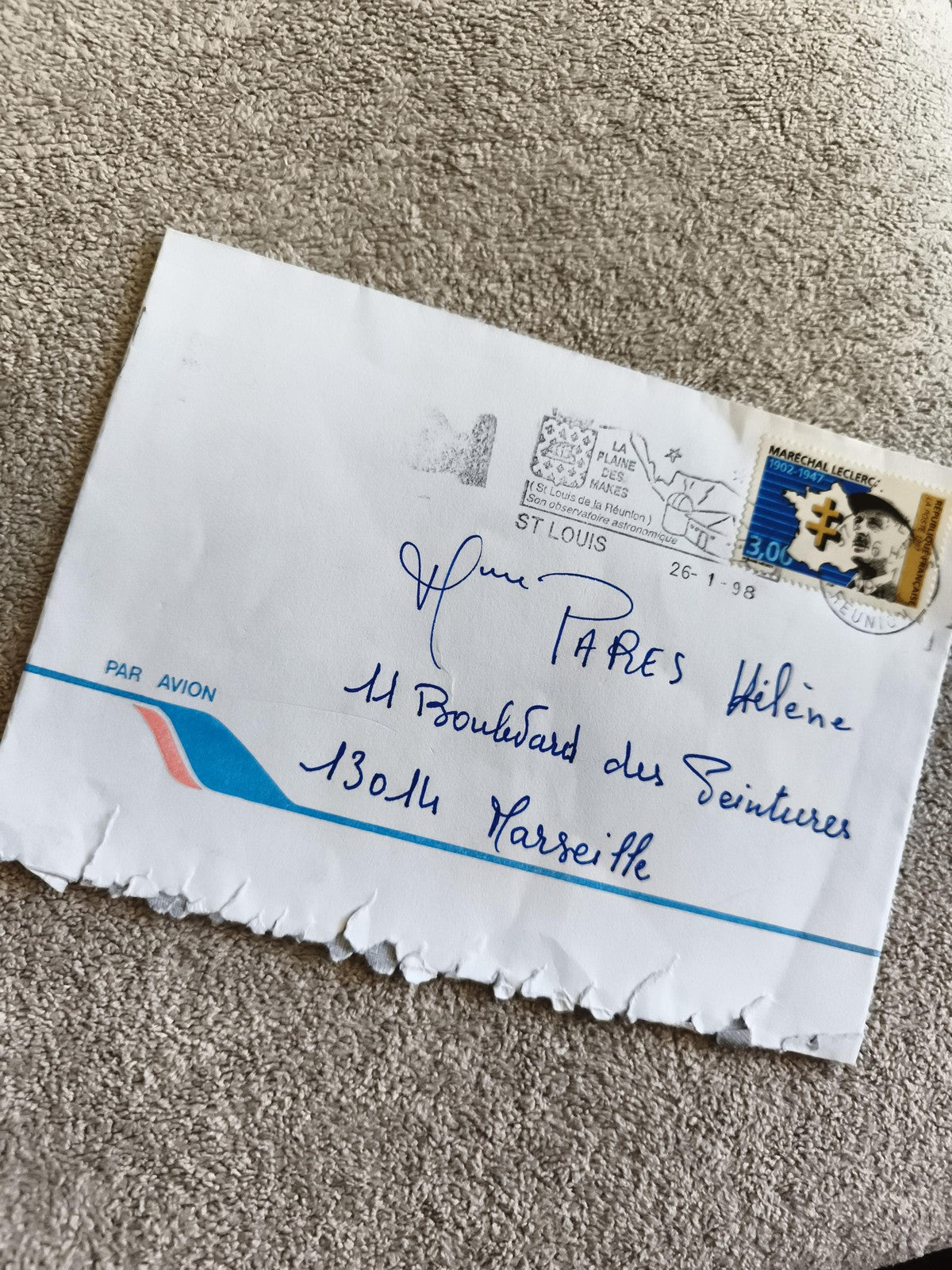 Lettre affranchie 1998 La Réunion, timbre Maréchal Leclerc, Par Avion