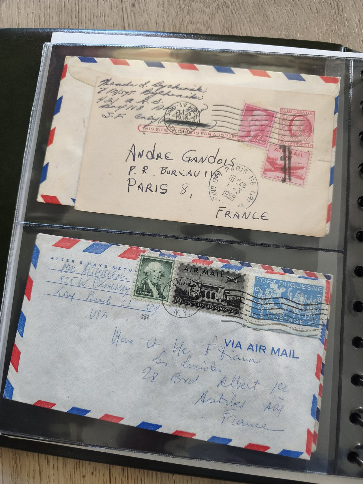 Lot 2 anciennes enveloppes oblitérées USA-France vintage, timbres collection