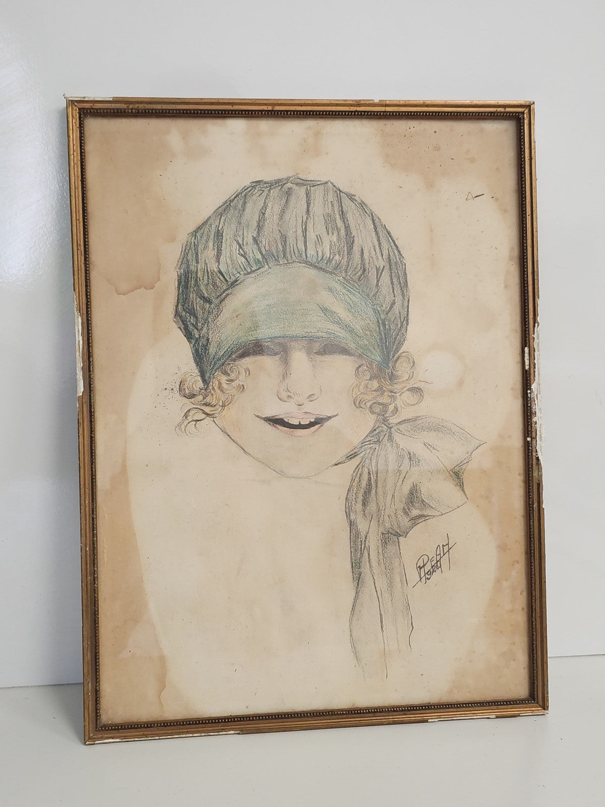 Dessin ancien signé Peam 1924, portrait vintage petite fille, art rétro collecti