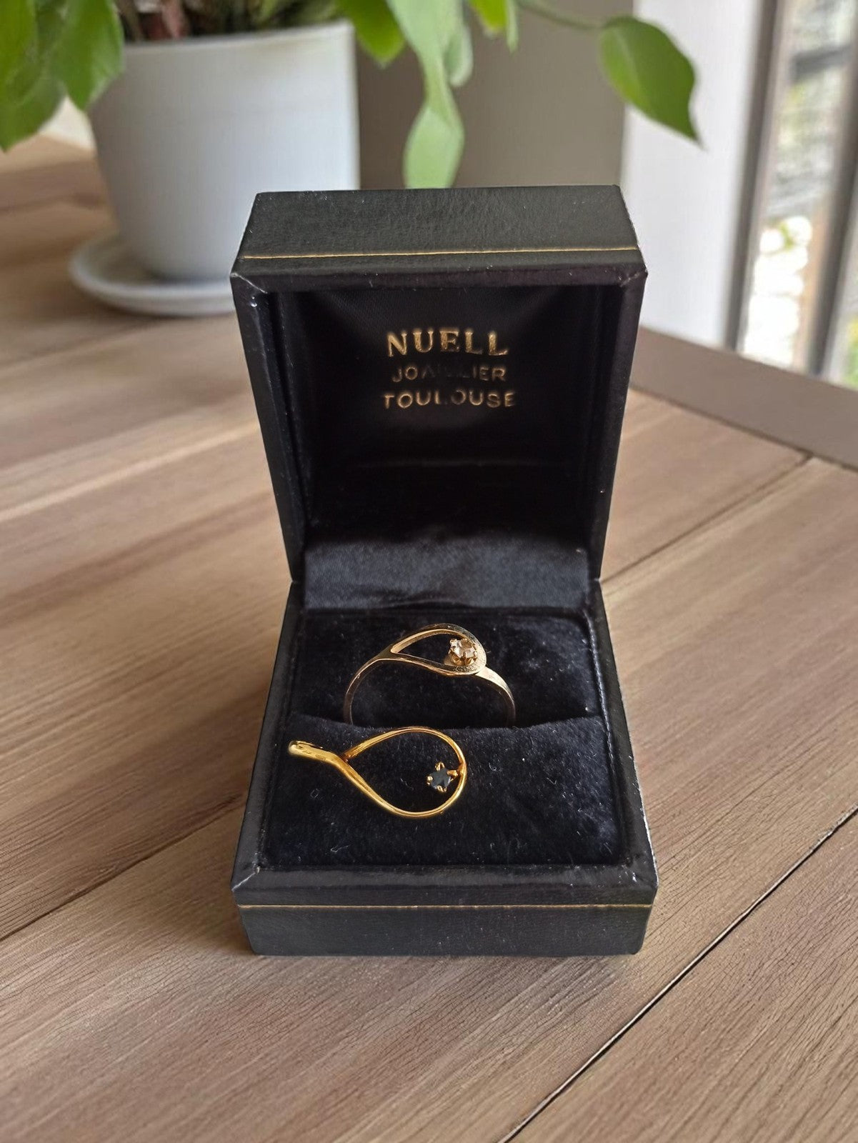 Ensemble bague et pendentif Nuell plaqué or vintage, design goutte, boîte d'orig