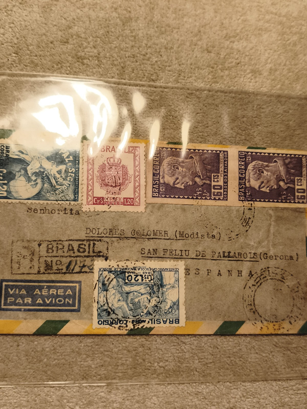 Lettre affranchie Brésil 1949-1950 timbres Brasil Correio Via Aérea Espagne (Ref