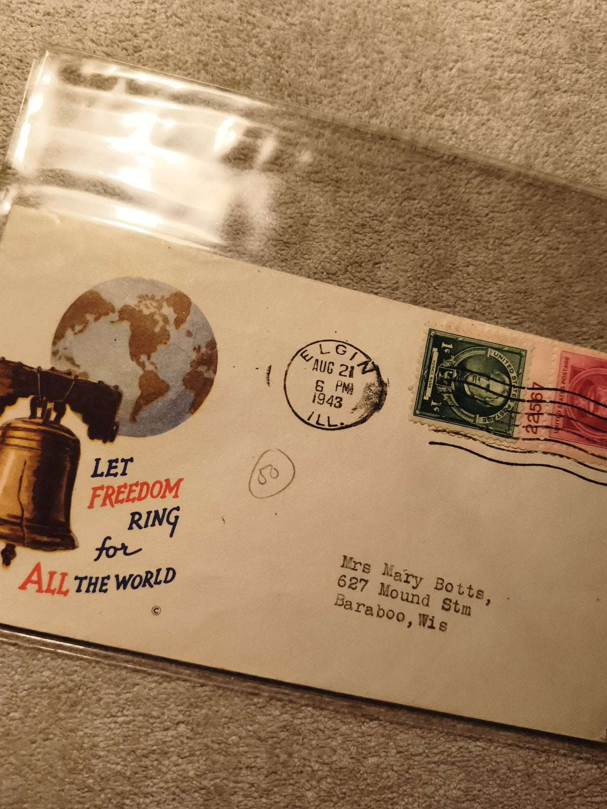 Lettre illustrée USA 1943 Liberté cachet Elgin timbre vert philatélie (Ref 12)