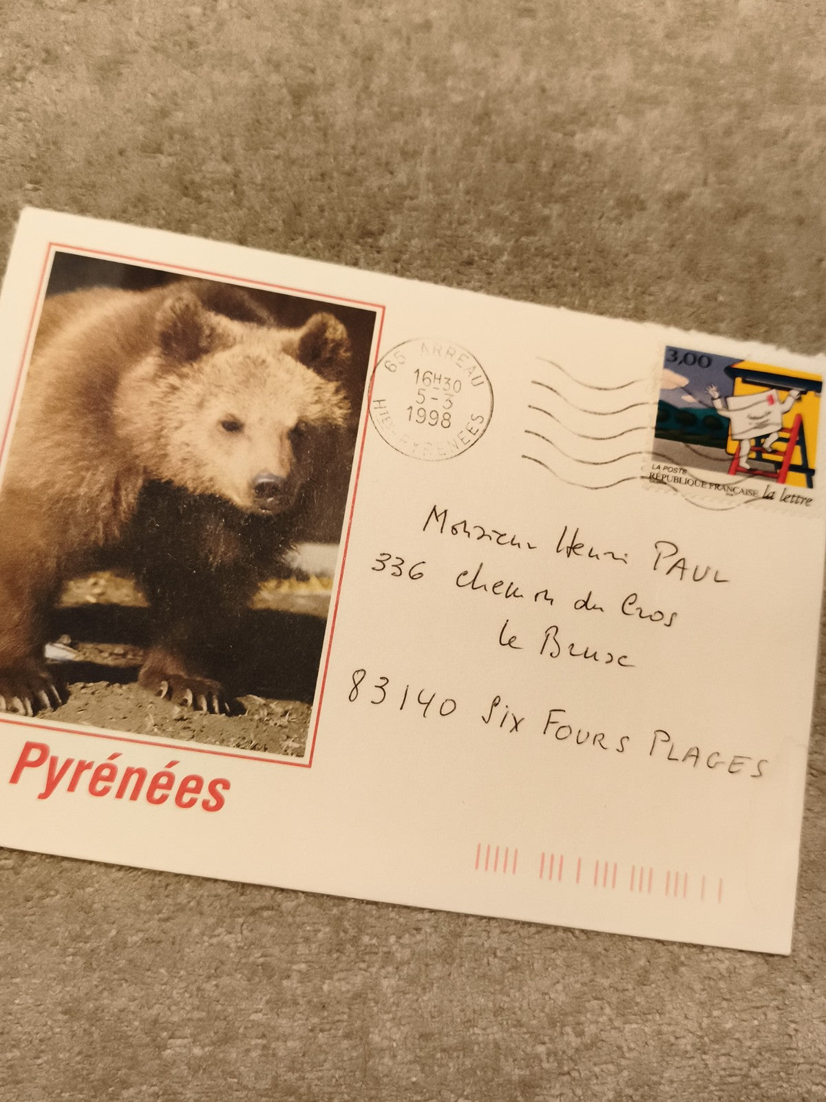 Carte postale ours Pyrénées oblitérée 1998 timbre La Poste philatélie (Ref 27)