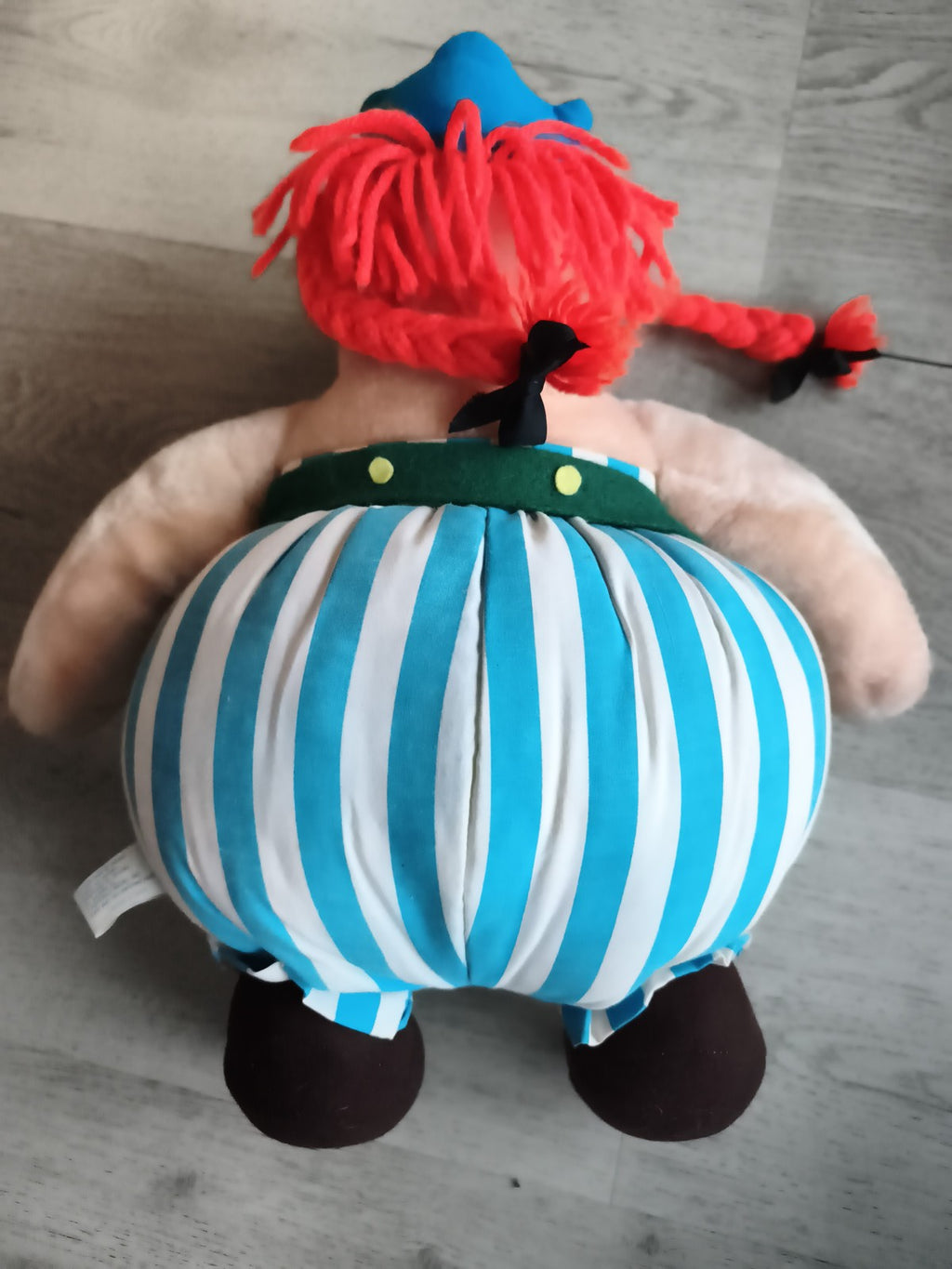 Peluche Obélix vintage Parc Astérix rayée bleu blanc bonnet bleu