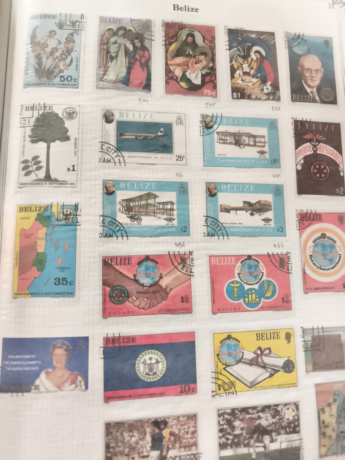 Lot anciens timbres Belize oblitérés thématique aviation Rotary 1980s philatélie